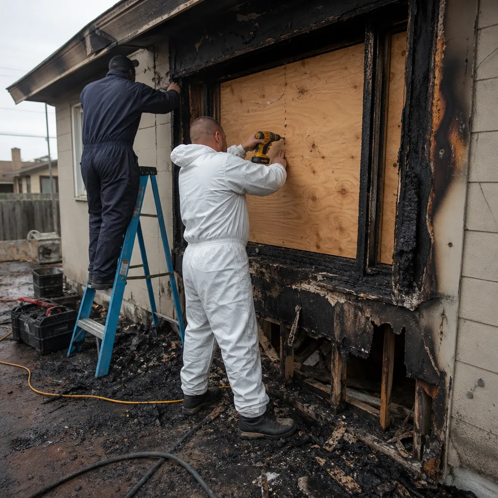 Professional crew performing fire damage restoration and window board up services.