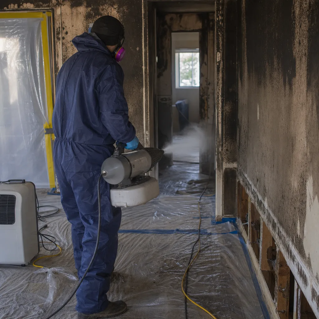 Technician performing professional fire damage restoration in a fire-damaged home