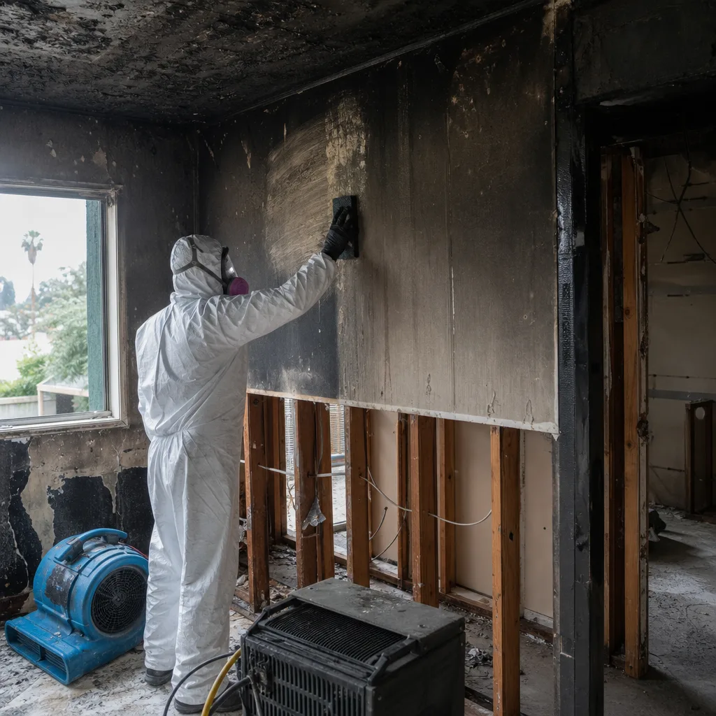 Technician in hazmat suit performing professional fire damage soot removal