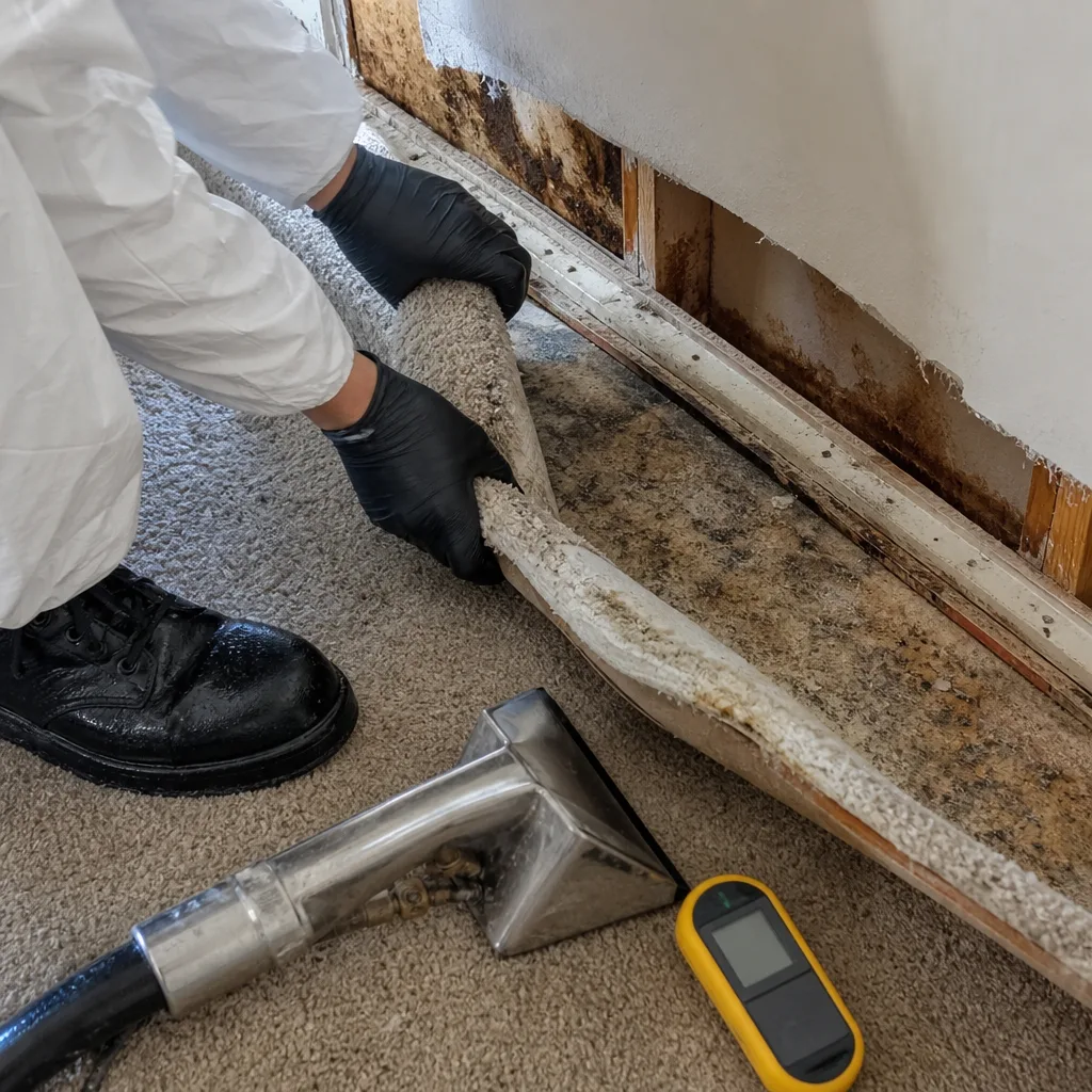 Technician performing professional water damage restoration on residential carpeting